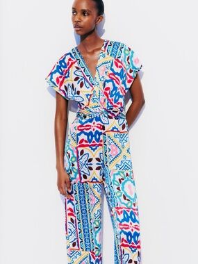 Zara Multicolor Printed Satin Effect Multicolor Maxi Jumpsuit